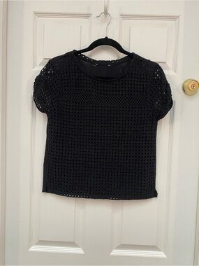 Black Short Sleeve Eyelet Overlay Blouse